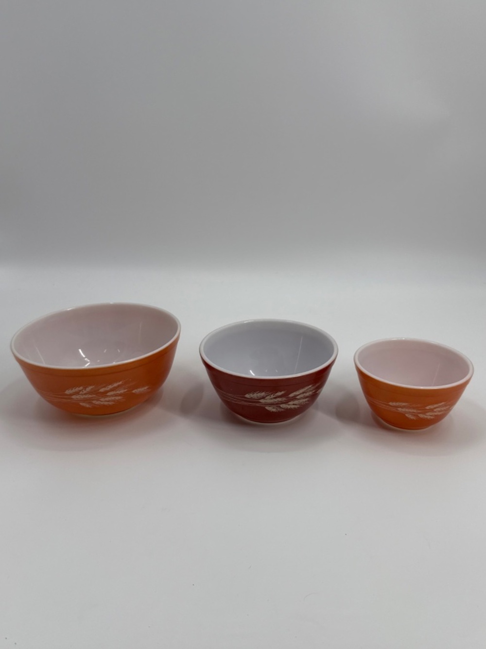 Vintage Pyrex Autumn Harvest Wheat Stalk Nesting Mixing Bowls Set 3 Rust Orange